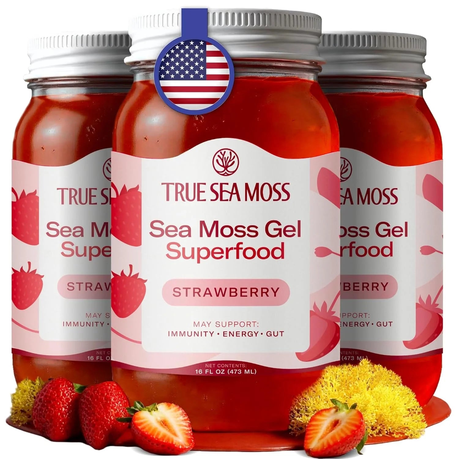 Wildcrafted Irish Sea Moss Gel Superfood - Strawberry, Pack of 3 Organic Seamoss - Made in USA