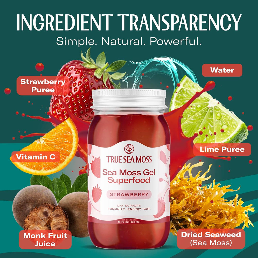 Wildcrafted Irish Sea Moss Gel Superfood - Strawberry, Pack of 3 Organic Seamoss - Made in USA